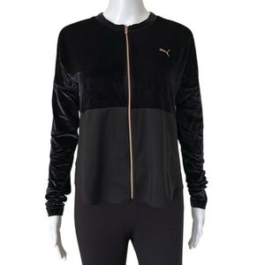 Puma Long Sleeve Front Zip Velour Black Rose Gold Zip Round Hem Sweatshirt Small